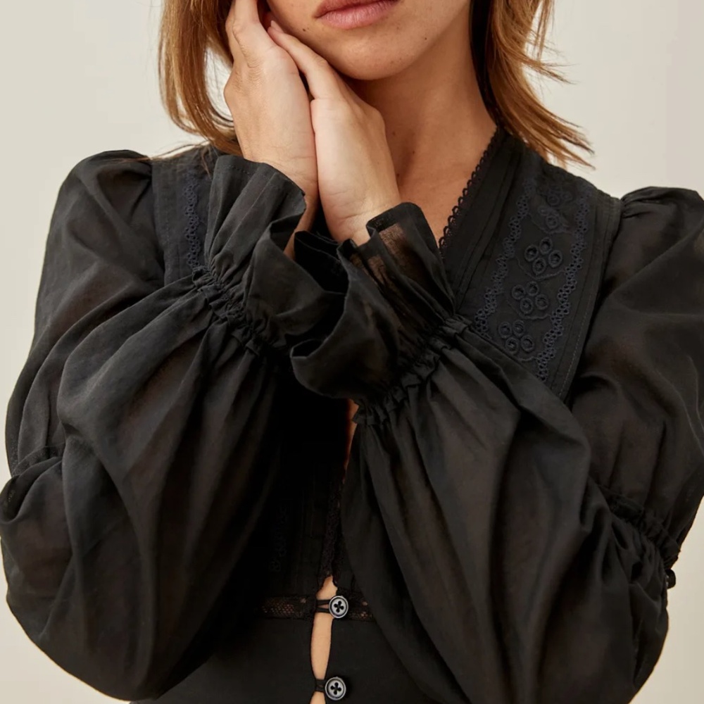 NWT Reformation Meadowlark Top 0/4 Black French Long Sleeve Cotton Blouse - Picture 4 of 7